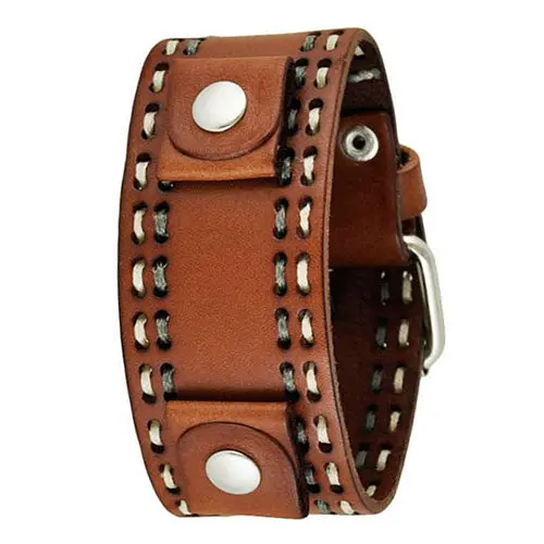 White-And-Grey Double-Stitched Brown Leather Bracelet Cuff 1