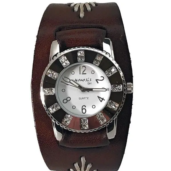 White Crystal Showgirls Ladies Watch With Diamond-Stitched Dark Brown Leather Cuff Bbf311W 1