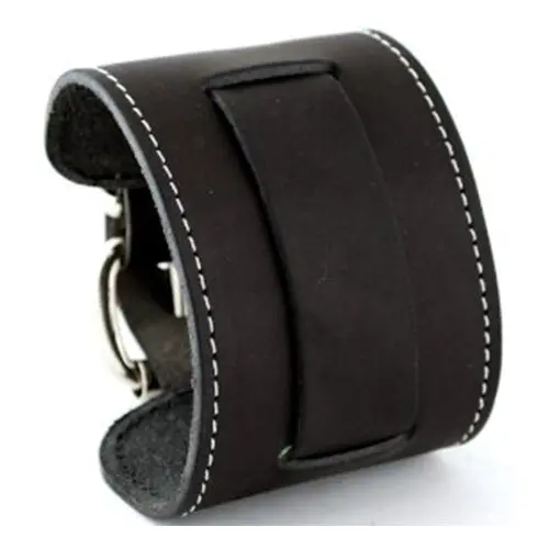 White-Stitched Black Leather Wide Cuff Bracelet 1