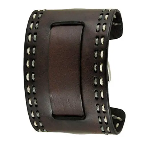 Wide Dark Brown Leather Cuff With White And Grey Double Stitching 1