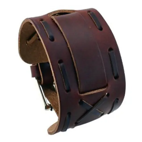 Wide Dark Brown Perforated Dash Leather Cuff X-Version 1