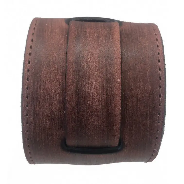 Wide Distressed Brown Leather Cuff With Contrast Stitching 1