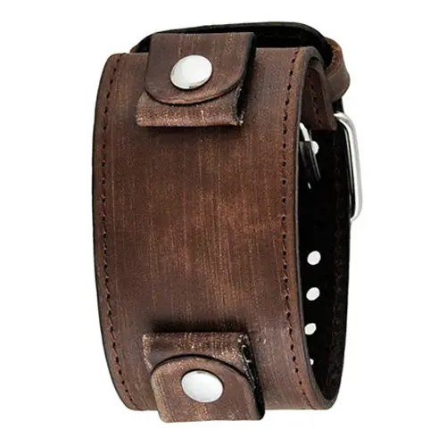Wide Distressed Brown Leather Cuff With Visible Stitch Detail 1