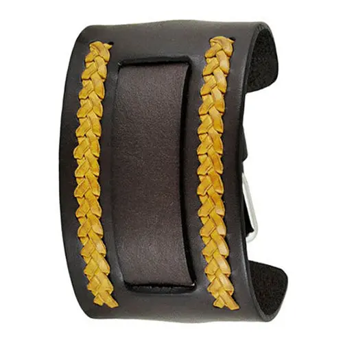 Woven Brown-And-Yellow Leather Wide Cuff With Textured Pattern 1