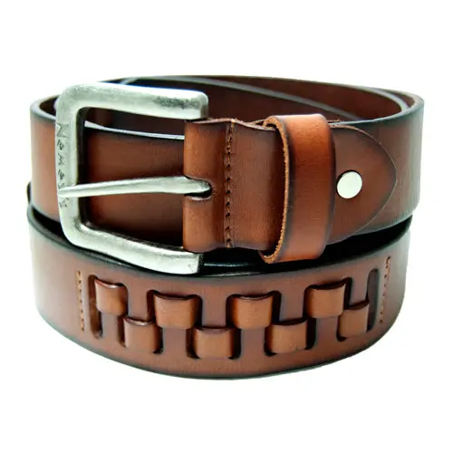 Woven Khaki-Tone Genuine Leather Belt 1