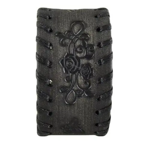 Woven Rose-Embellished Distressed Black Leather Cuff 1