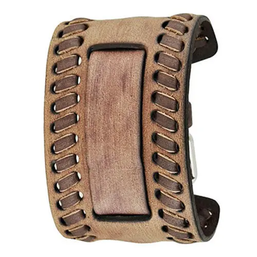 Woven Texture Distressed Brown Leather Wide Cuff Band 1