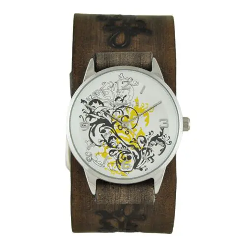Yellow Plant Art Watch With Faded Dark Brown Embossed Floral Leather Cuff – Model Bvfb827Y 1