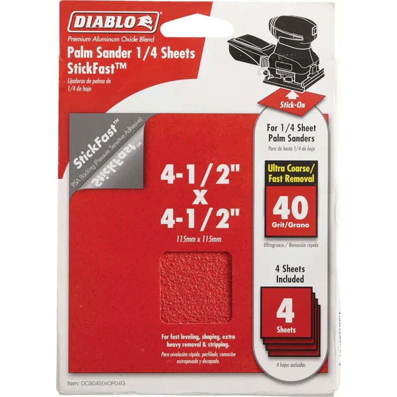 Diablo Stickfast 40-Grit Palm Sander Sheets – 4-1/2 In Square, 4-Pack 1