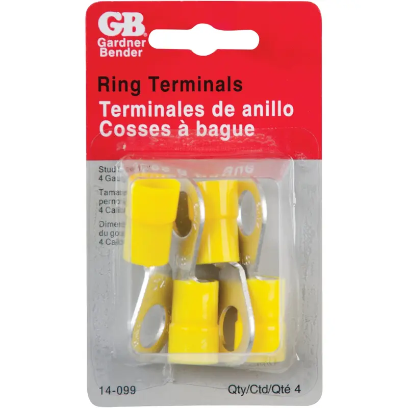 Gardner Bender Yellow Vinyl-Insulated Barrel Ring Terminal – 4 Awg, 1/2-Inch Stud, 4-Pack 1