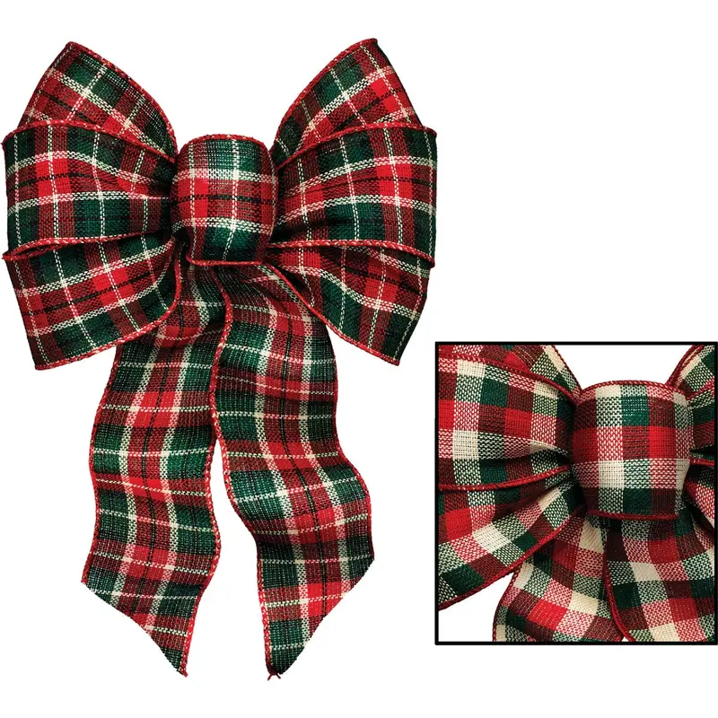 Holiday Trims 7-Loop Plaid Christmas Bow – 8.5" W × 14" L Assorted Fabric Design 1