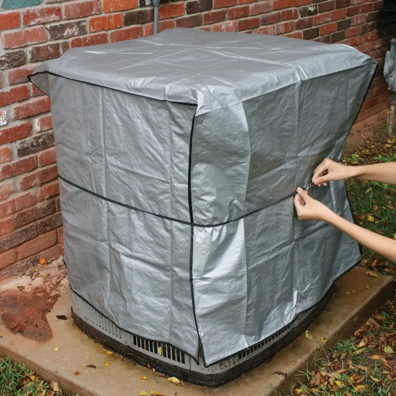 M-D Square Air Conditioner Cover – 34" × 34" × 30" H Silver Weatherproof Enclosure With Secure Strap 1