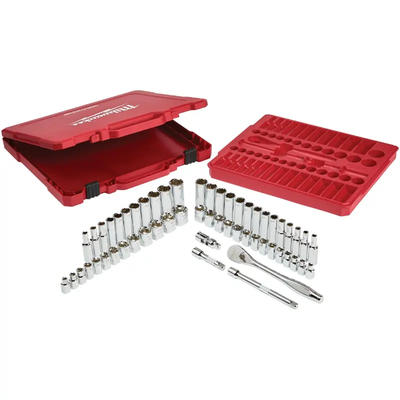 Milwaukee 56-Piece Standard/Metric Ratchet & Socket Set – 3/8 In. Drive, 6-Point 1