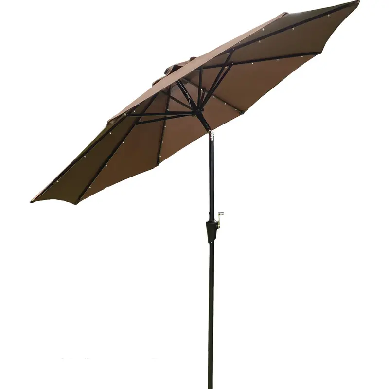 Outdoor Expressions Solar-Powered Patio Umbrella – 9 Ft Aluminum Tilt/Crank, Brown With Led Lights 1