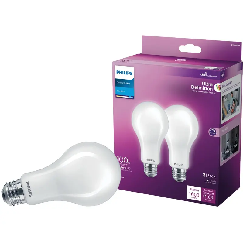 Philips Frosted A21 Led Light Bulbs – 100W Equivalent Daylight, Dimmable, 2-Pack 1