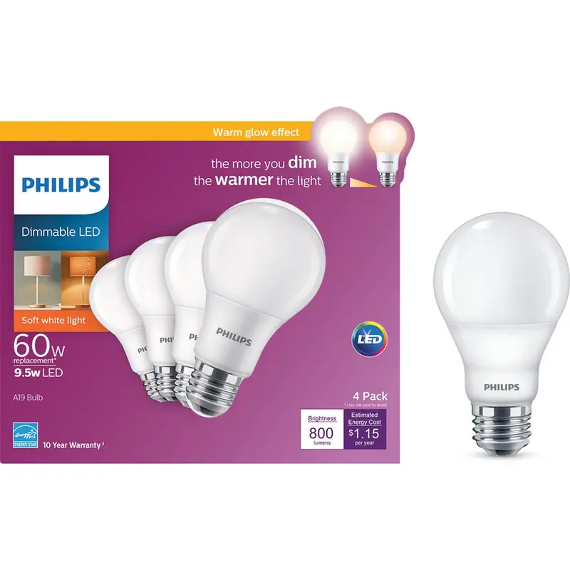 Philips Warm Glow Led Light Bulb – 60W Equivalent, Soft White A19, Dimmable, 4-Pack 1