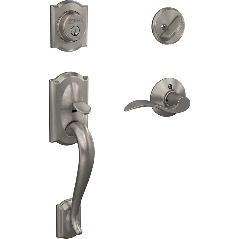 Schlage Camelot Left-Hand Handleset – Satin Nickel, Includes Deadbolt & Accent Lever 1
