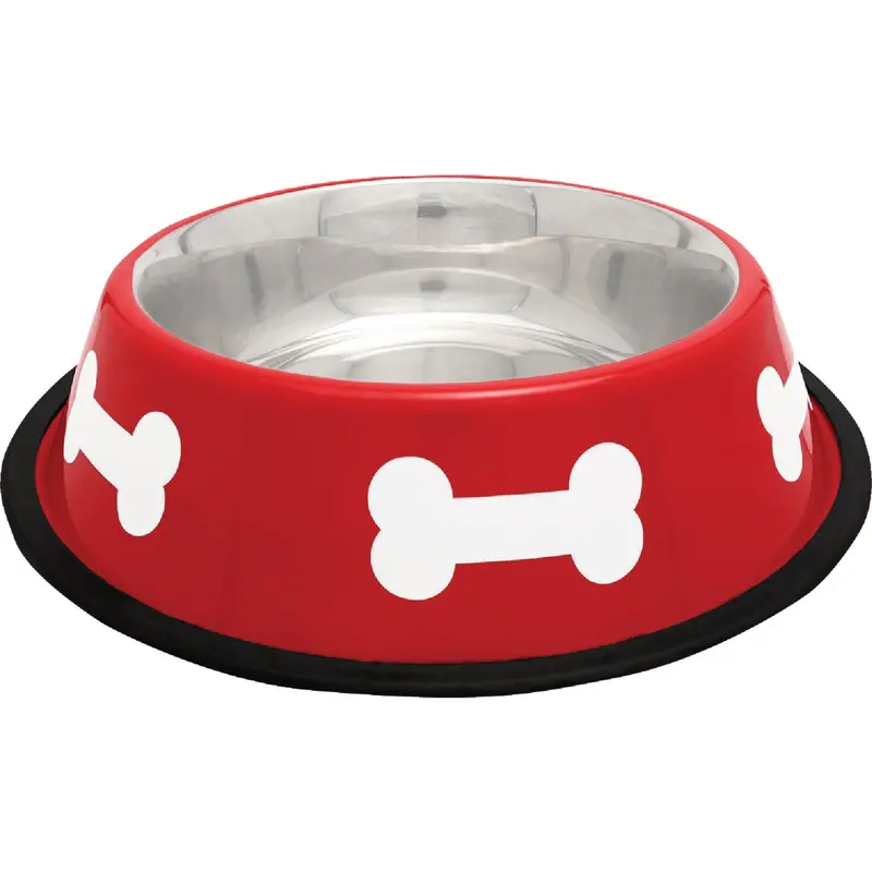 Westminster Pet Stainless Steel Dog Or Cat Bowl – 32 Oz. Round Dish, Red & White Design 1